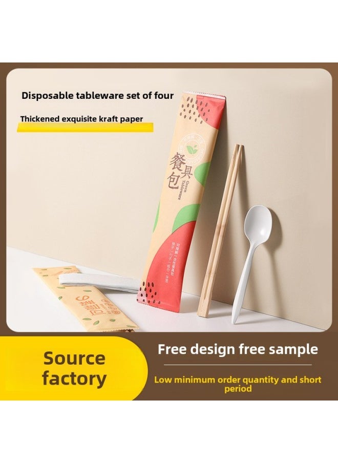 Disposable Chopsticks Degradable Spoon Degradable Disposable Tableware Suit Takeaway Four-Piece Green Tableware Bag-Color:Paper Film Type (degradable)-180 Sets