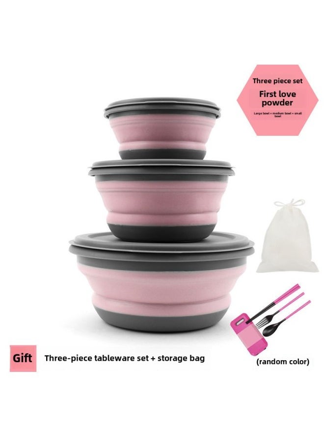 Folding Bowl Portable Retractable Japanese Outdoor Compression Travel Travel Wild Tableware Baby Picnic Drop-resistant Lunch Box-Color:Pink Three-piece Set, Free Three-piece Tableware Set + Storage Bag
