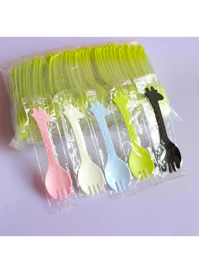 Plastic Disposable Spoon Fork Fruit Fork Cake Fork Dessert Spoon Ice Cream Spoon Individual Packaging-Color:Fawn Single Outfit ]