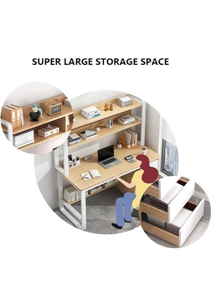 Desk with 2 Storage Shelves and Large 3 Drawers PC Multifunctional Home Office Modern Laptop Sturdy Shelves Simple Stylish Workstation Study Table 140x148x50cm