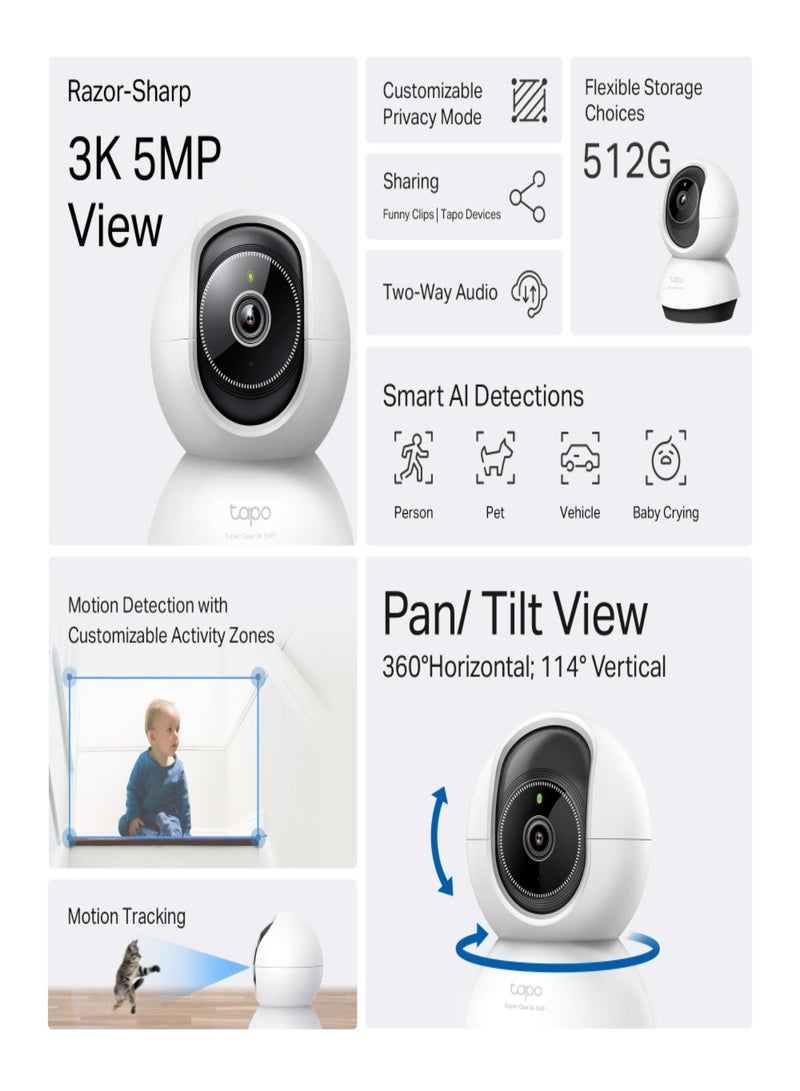 Tapo TC74 3K 5MP (2880×1620 px) 360º  Pan/Tilt AI Home Security Wi-Fi Camera, Person Detection, Two-Way Audio