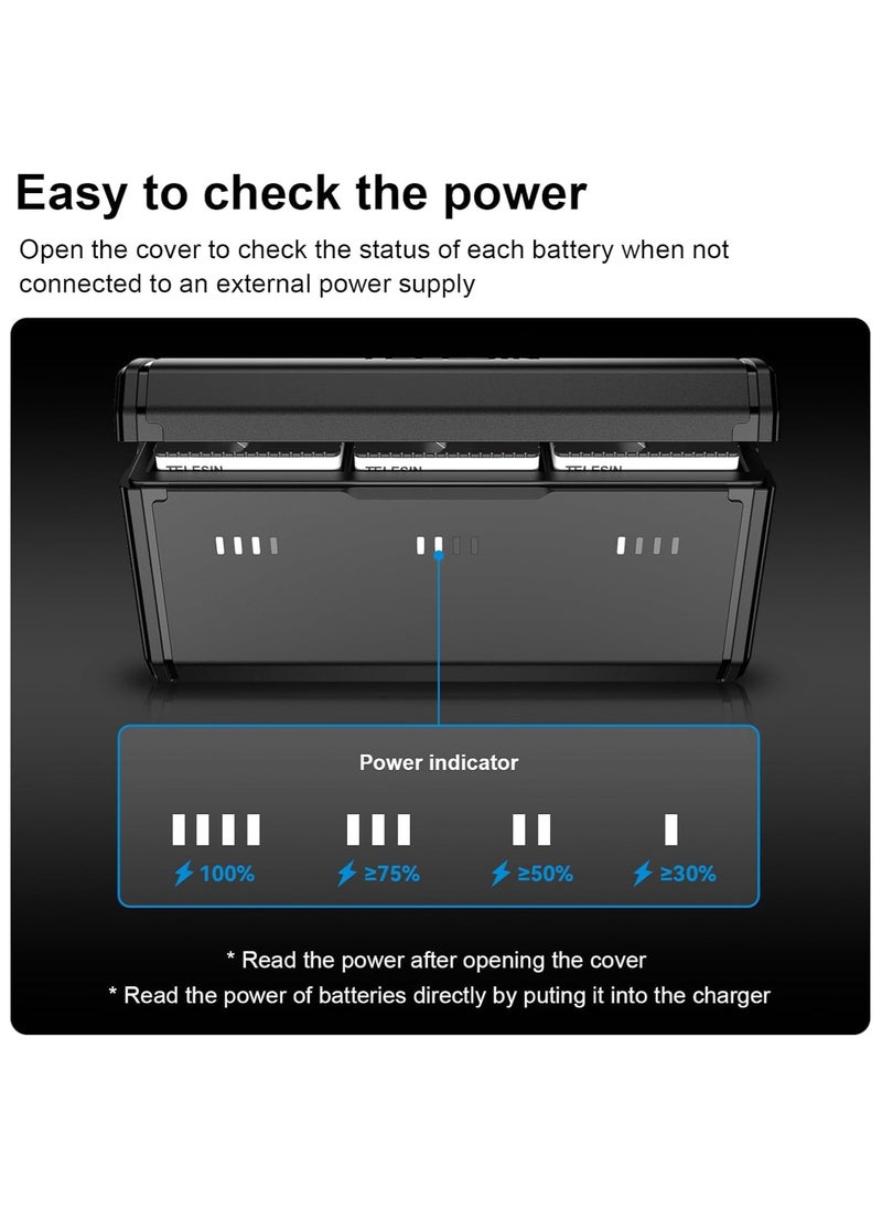 TELESIN 2 Pack Enduro Stamina Battery and 3-Slot Smart Battery Charger for Go Pro Hero 12 11 10 9, Battery Low Temperature Suitable, Pocket Size Charger, Fast Charging, with 2 TF Card Storage, Accessories