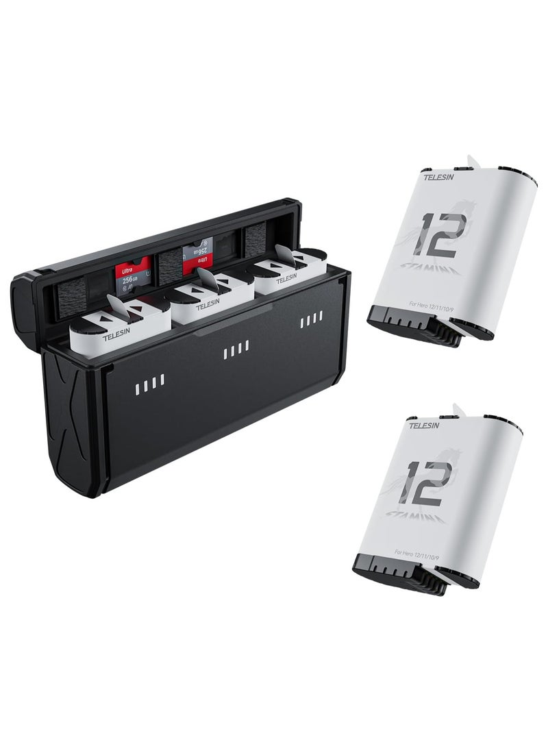 TELESIN 2 Pack Enduro Stamina Battery and 3-Slot Smart Battery Charger for Go Pro Hero 12 11 10 9, Battery Low Temperature Suitable, Pocket Size Charger, Fast Charging, with 2 TF Card Storage, Accessories
