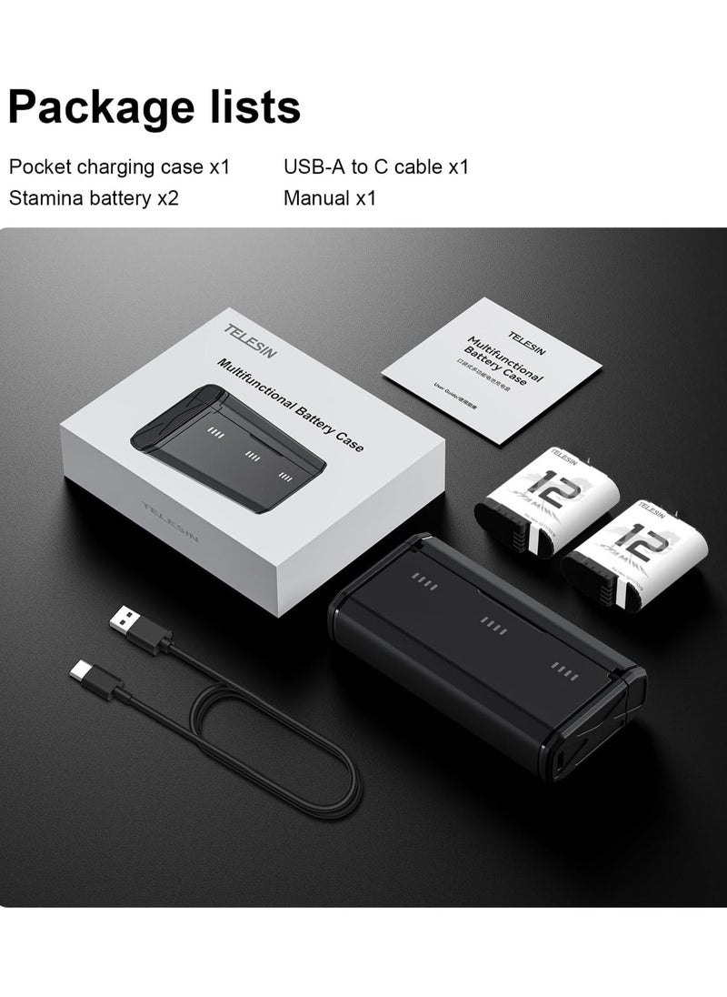 TELESIN 2 Pack Enduro Stamina Battery and 3-Slot Smart Battery Charger for Go Pro Hero 12 11 10 9, Battery Low Temperature Suitable, Pocket Size Charger, Fast Charging, with 2 TF Card Storage, Accessories