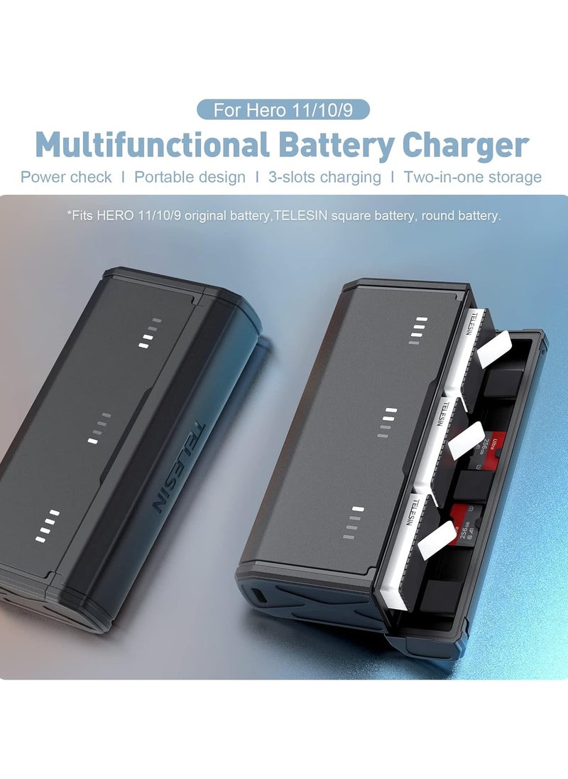TELESIN Triple Battery Charger 3-Slot Smart Battery Charger for GoPro Hero 12/11/10/9, Low Temperature Suitable, Portable Pocket Size, Fast PD Charging, 2 TF Card Storage, Smart Power Indicator Side Charging Port for Go Pro Action Camera Enduro Battery