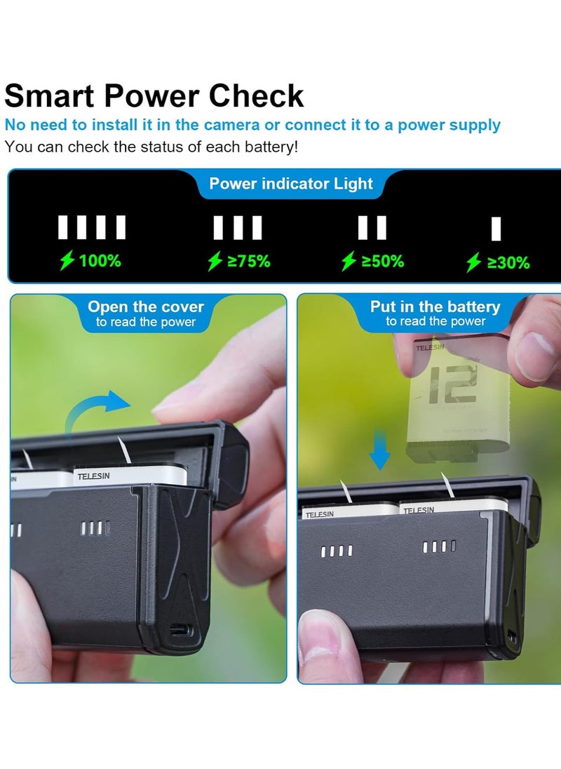 TELESIN Triple Battery Charger 3-Slot Smart Battery Charger for GoPro Hero 12/11/10/9, Low Temperature Suitable, Portable Pocket Size, Fast PD Charging, 2 TF Card Storage, Smart Power Indicator Side Charging Port for Go Pro Action Camera Enduro Battery