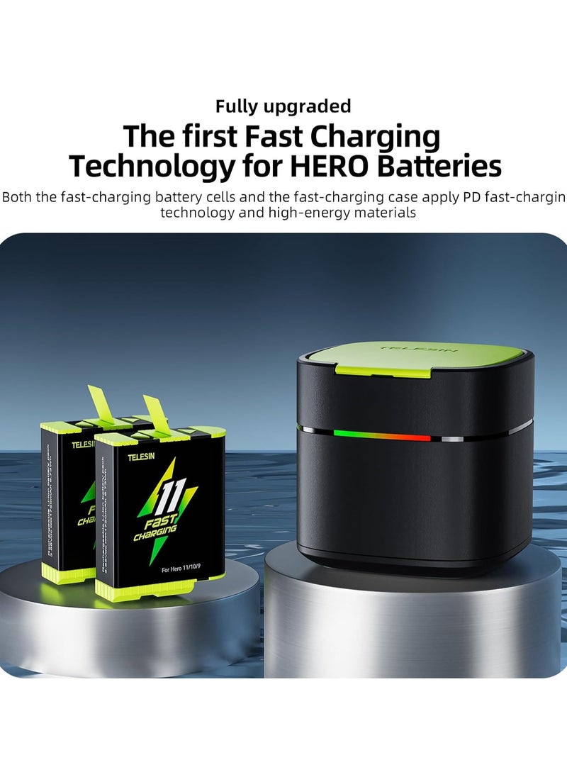 TELESIN Fast Charging Charger Box with 2-Pack Fast Charging Batteries for GoPro HERO12 HERO11 HERO10 HERO9 Fast Charging Box Set TF Card Storage for Gopro Hero original compatible Endura battery