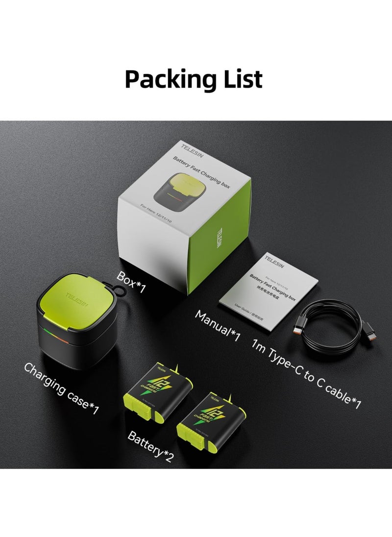 TELESIN Fast Charging Charger Box with 2-Pack Fast Charging Batteries for GoPro HERO12 HERO11 HERO10 HERO9 Fast Charging Box Set TF Card Storage for Gopro Hero original compatible Endura battery