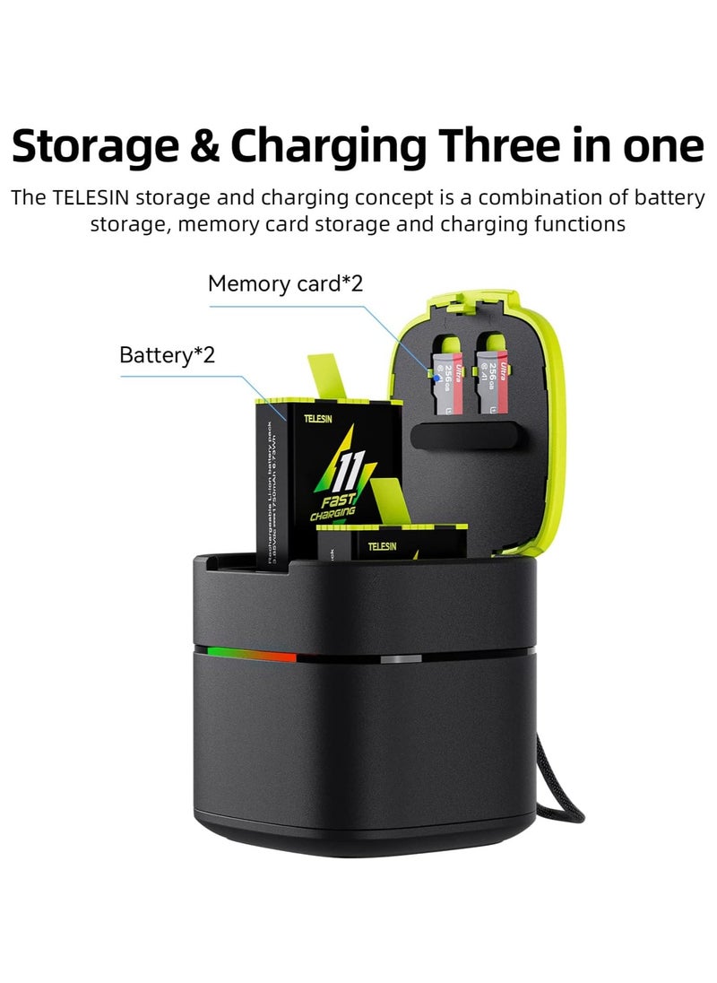 TELESIN Fast Charging Charger Box with 2-Pack Fast Charging Batteries for GoPro HERO12 HERO11 HERO10 HERO9 Fast Charging Box Set TF Card Storage for Gopro Hero original compatible Endura battery