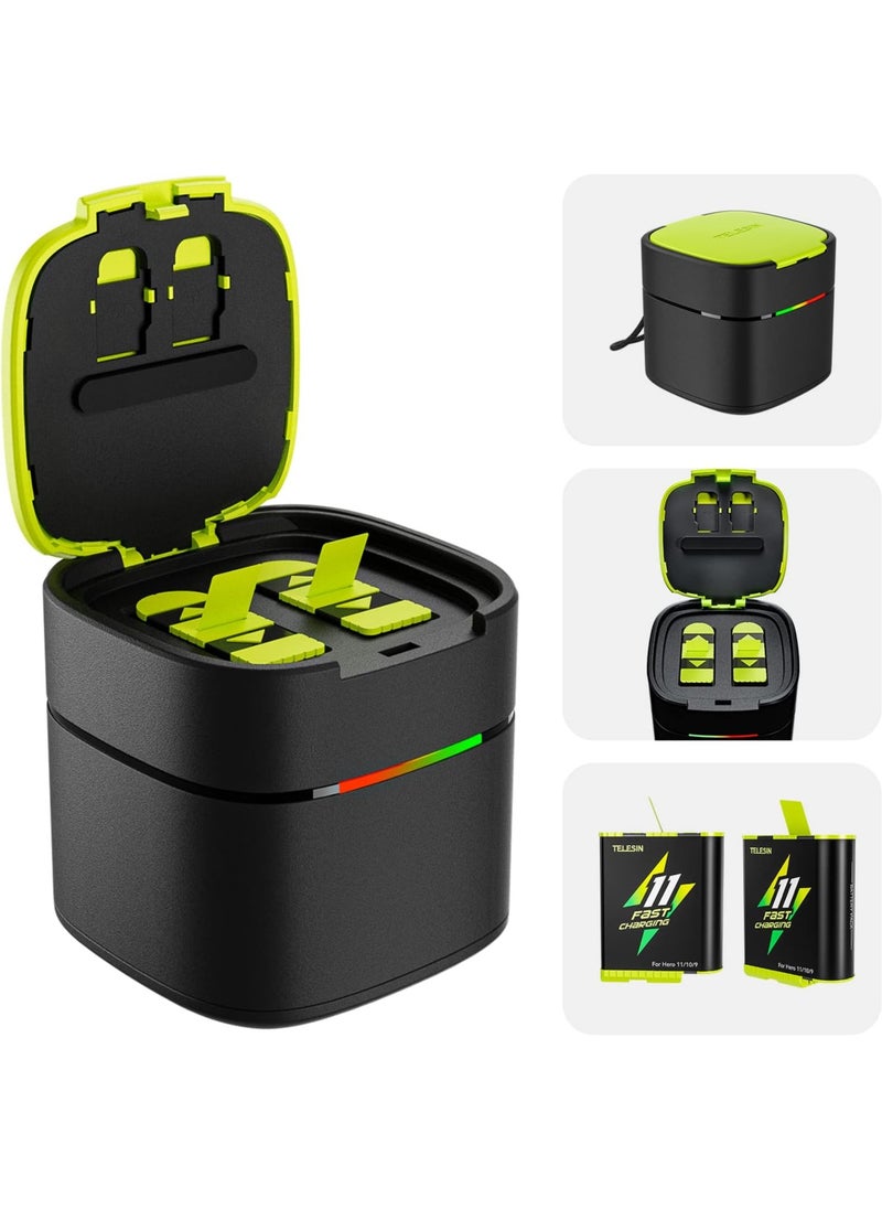 TELESIN Fast Charging Charger Box with 2-Pack Fast Charging Batteries for GoPro HERO12 HERO11 HERO10 HERO9 Fast Charging Box Set TF Card Storage for Gopro Hero original compatible Endura battery