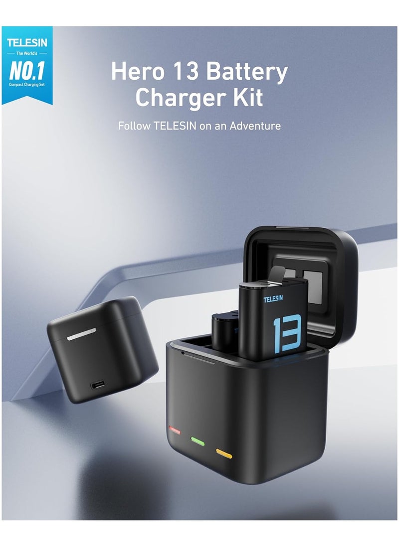 TELESIN GoPro Hero13 Battery Charger Kit, 2-Pack Enduro Batteries & Triple Charging Case with Type-C Fast Charging, High Capacity, Compatible, Portable, GoPro Action Camera Original Batteries Accessories