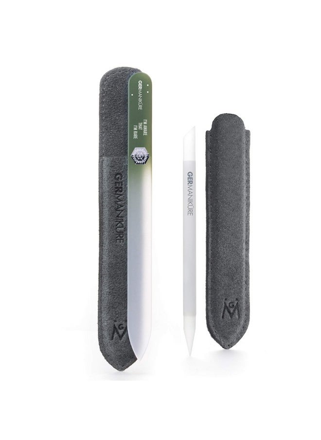 GERMANIKURE Crystal Glass Cuticle Stick & I'm Aware That I'm Rare Nail File Set in Suede Leather Case - Handmade in Czech Republic - Professional Manicure Supplies - Cuticle Pusher, Callous Remover