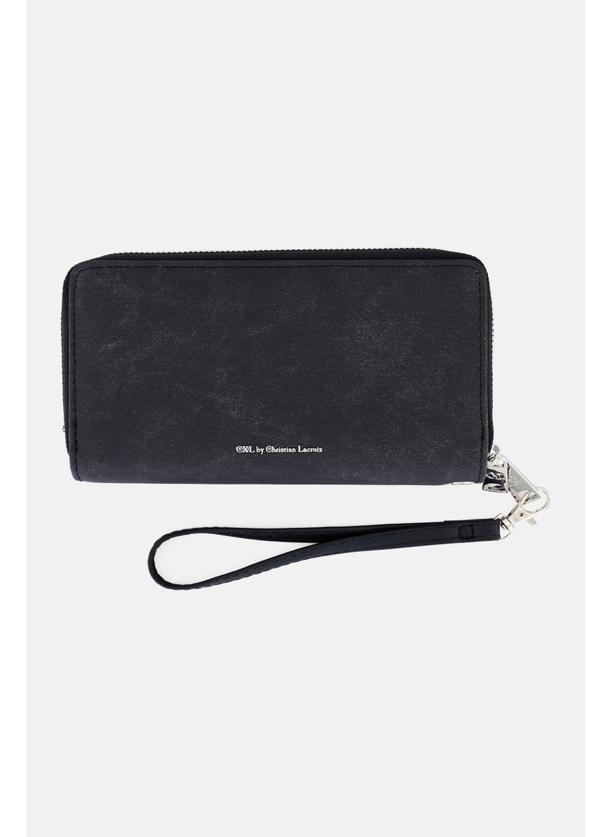 Women Ames PU Denim Double Zipper Wallet, Black