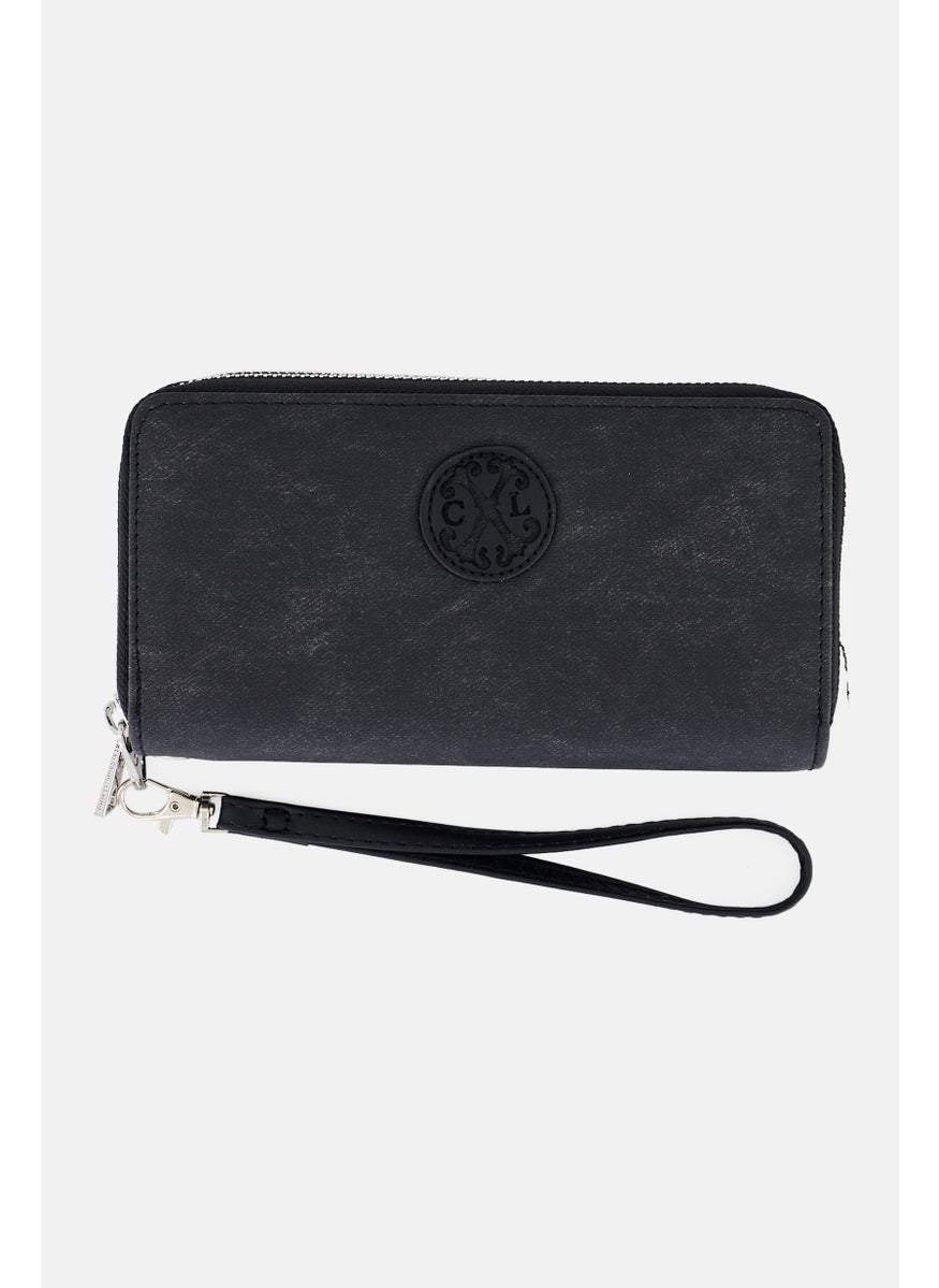 Women Ames PU Denim Double Zipper Wallet, Black
