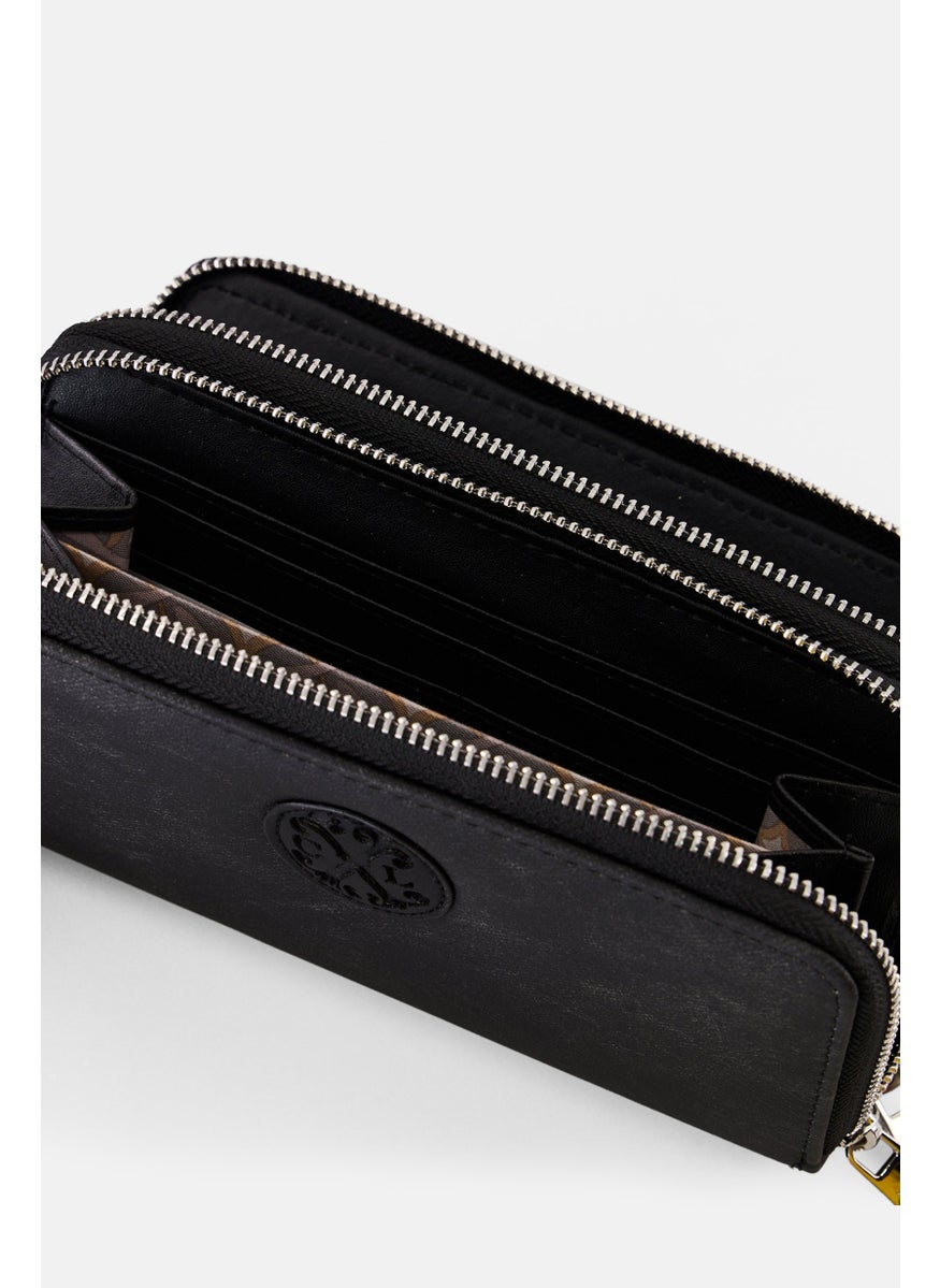 Women Ames PU Denim Double Zipper Wallet, Black