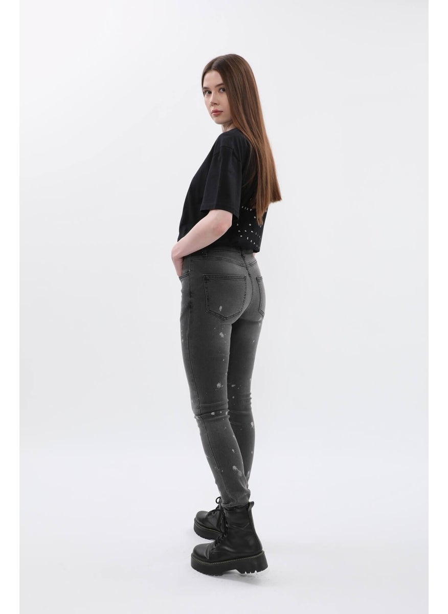 Women's High Waist Skinny Fit Skinny Leg Spotted Gray Jeans