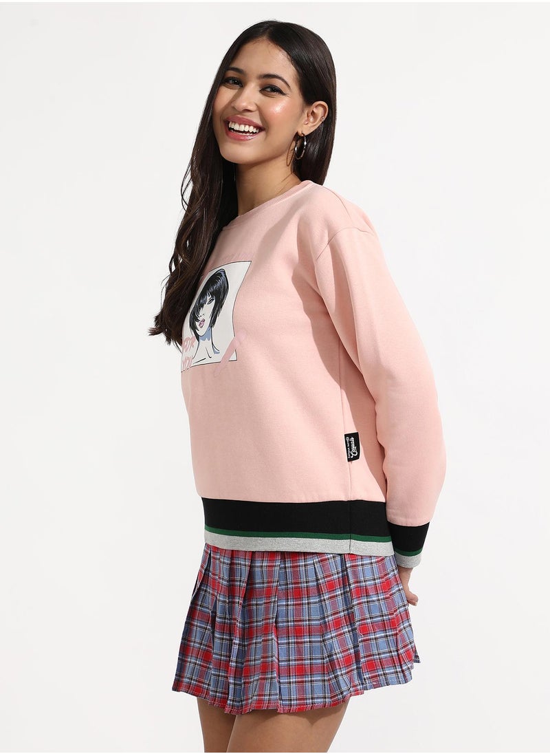 Women's Blush Pink Chic Girl Pullover Sweater With Contrast Panel Hem