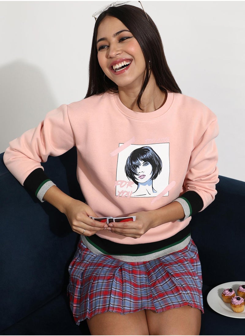 Women's Blush Pink Chic Girl Pullover Sweater With Contrast Panel Hem