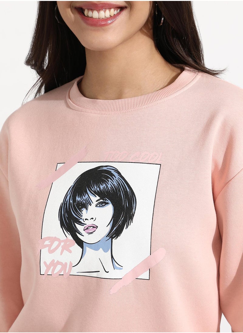 Women's Blush Pink Chic Girl Pullover Sweater With Contrast Panel Hem