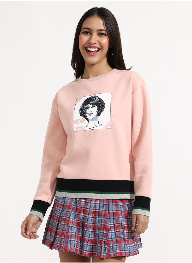 Women's Blush Pink Chic Girl Pullover Sweater With Contrast Panel Hem
