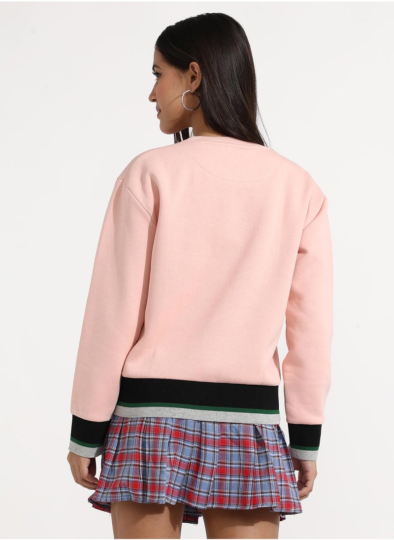 Women's Blush Pink Chic Girl Pullover Sweater With Contrast Panel Hem