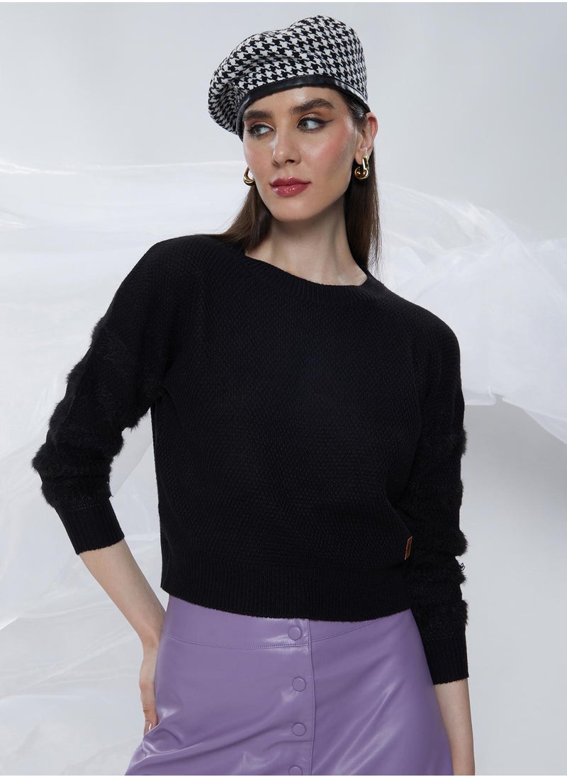 Women's Midnight Black Solid Crop Pullover Sweater