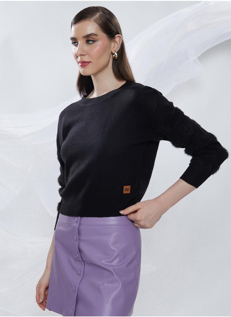 Women's Midnight Black Solid Crop Pullover Sweater
