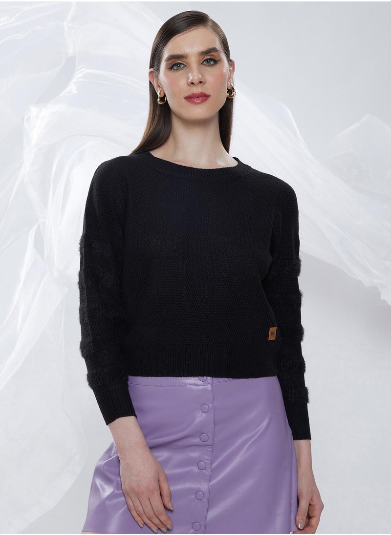 Women's Midnight Black Solid Crop Pullover Sweater