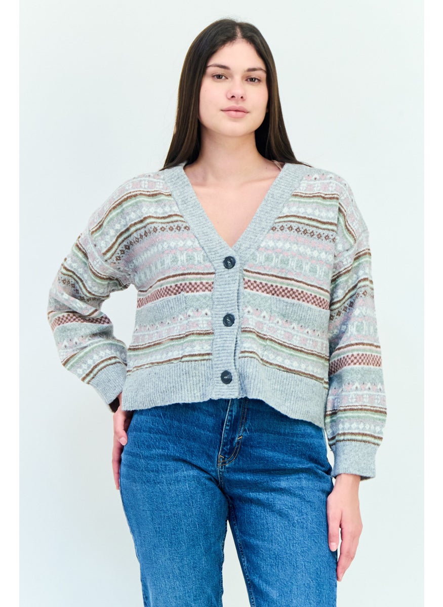Women V-Neck Crochet Patten Cardigans, Multicolor