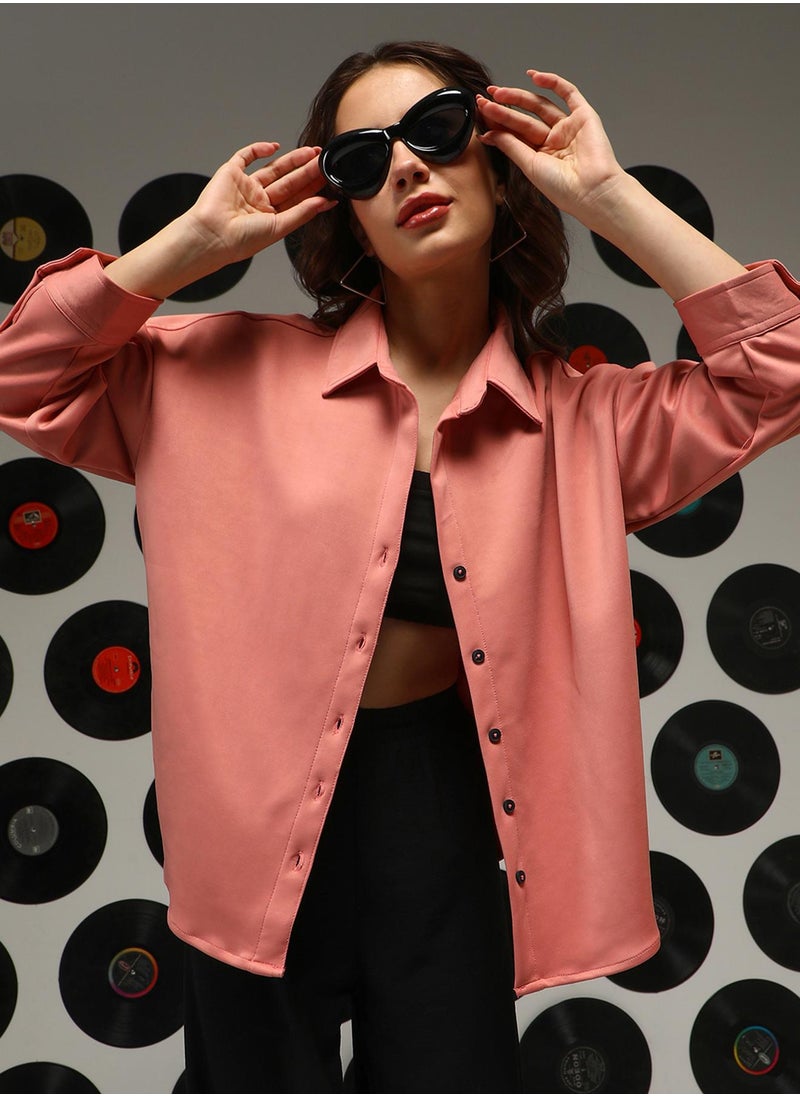 Women's Salmon Pink Solid Oversized Shirt