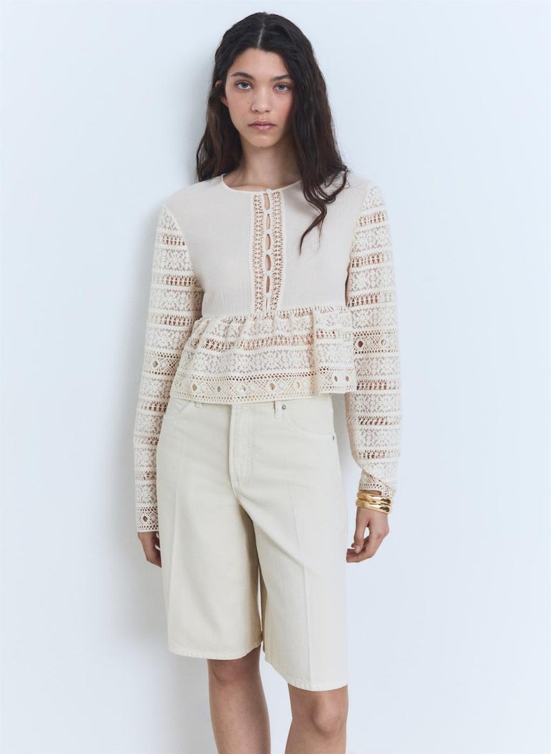 Openwork Details Embroidered Cotton Blouse
