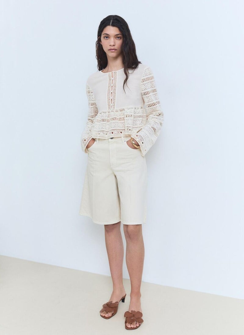 Openwork Details Embroidered Cotton Blouse