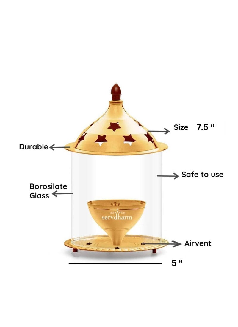 ServDharm Akhand Jyoti Diya Big Size 80 ml Oil Capacity Authentic Borosilicate Glass Cover