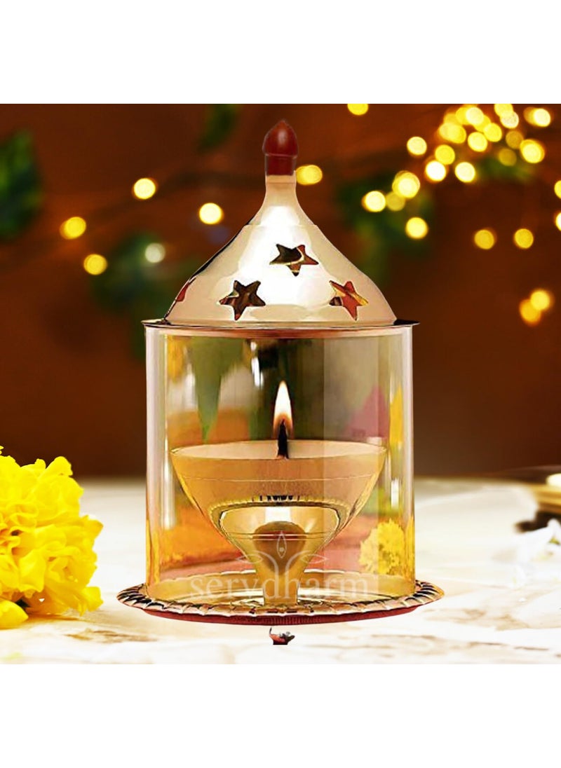 ServDharm Akhand Jyoti Diya Big Size 80 ml Oil Capacity Authentic Borosilicate Glass Cover