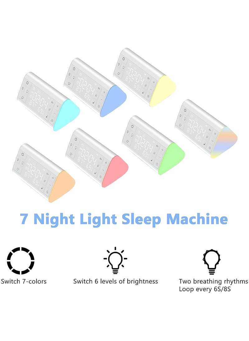 BRAINLE White Noise Machine for Baby Adults with Digital Alarm Clock7 Lights Temperature Humidity 35 Sounds USB C Table Clock for Study Table Bedroom Desk Portable Sleeping Device