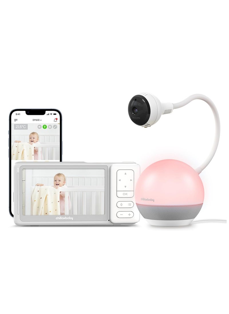 CHILLAX Baby Monitor Baby Mood Plus,5-inch 1080p HD Camera Wi-Fi Baby Monitor,with Sleep Trainer & Mood Light Soother,Flexible Gooseneck and 360°Pan View,Accessible via Phone App and Nursery Features