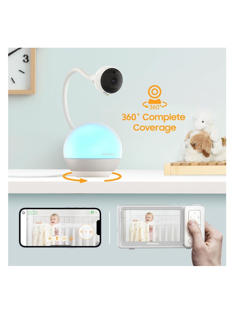 CHILLAX Baby Monitor Baby Mood Plus,5-inch 1080p HD Camera Wi-Fi Baby Monitor,with Sleep Trainer & Mood Light Soother,Flexible Gooseneck and 360°Pan View,Accessible via Phone App and Nursery Features