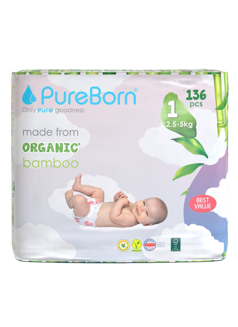 Organic Diapers Size-1 Upto 5kg Master Value Pack Clouds Print 136 Diapers