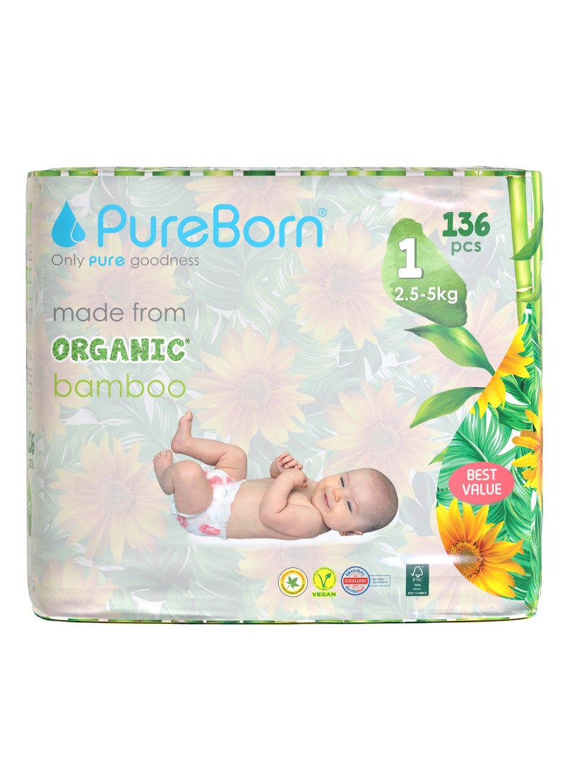Organic Baby Tape Style Diapers Size-1 Upto 5 kg Sunflower Print 136 Diapers