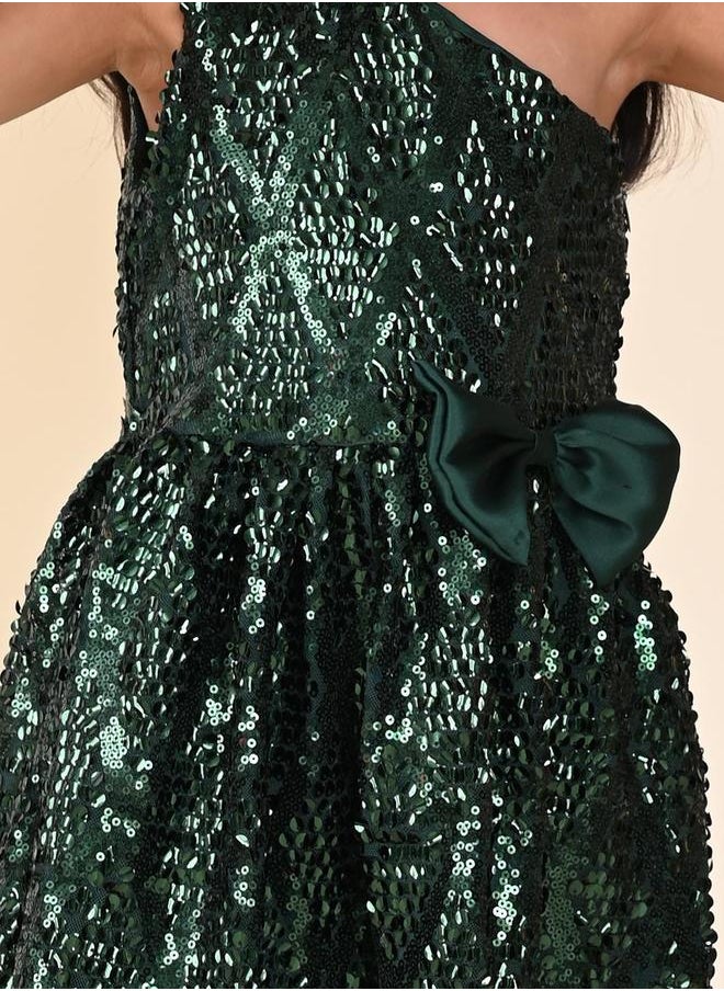 Sequin One Shoulder Fit n Flare Bow Dress