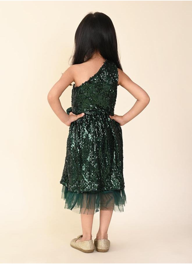 Sequin One Shoulder Fit n Flare Bow Dress