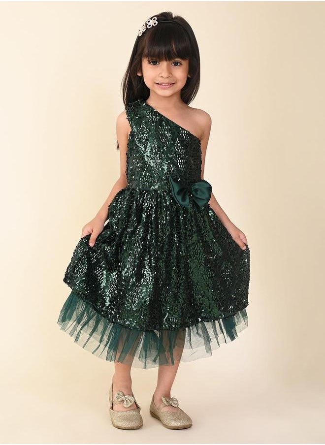 Sequin One Shoulder Fit n Flare Bow Dress