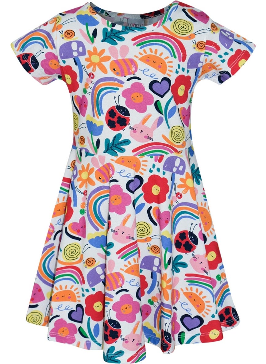 Girl Little Friends Pattern Short Sleeve Flared Skirt Dress