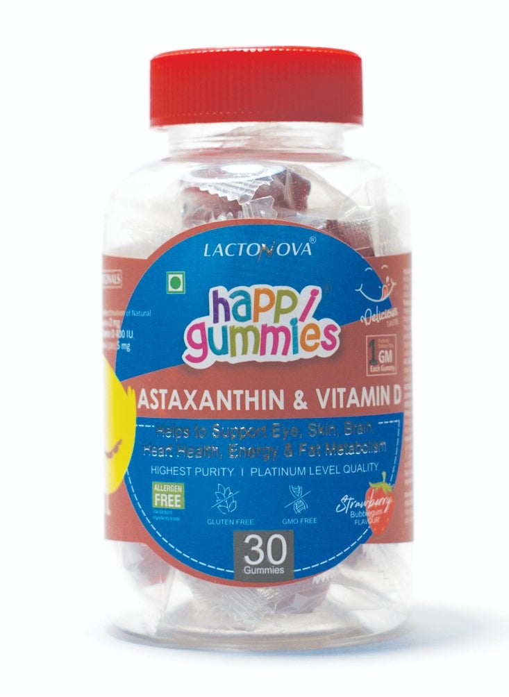 Astaxanthin & Vitamin D for Eye, Skin, Brain & Heart Health | With Vitamin E & 1g Fiber | No Added Sugar | Strawberry Flavor | 30 Gummies for Adults & Kids