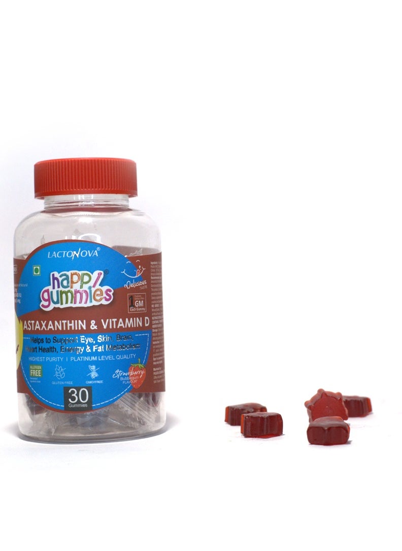 Astaxanthin & Vitamin D for Eye, Skin, Brain & Heart Health | With Vitamin E & 1g Fiber | No Added Sugar | Strawberry Flavor | 30 Gummies for Adults & Kids