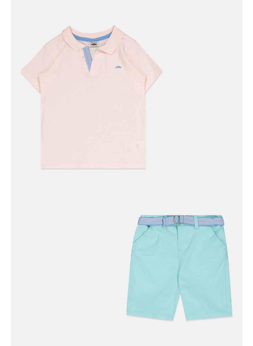 Toddlers Boy 2 Pcs Embroidered Logo Polo Shirt And Belted Shorts Set, Multicolor
