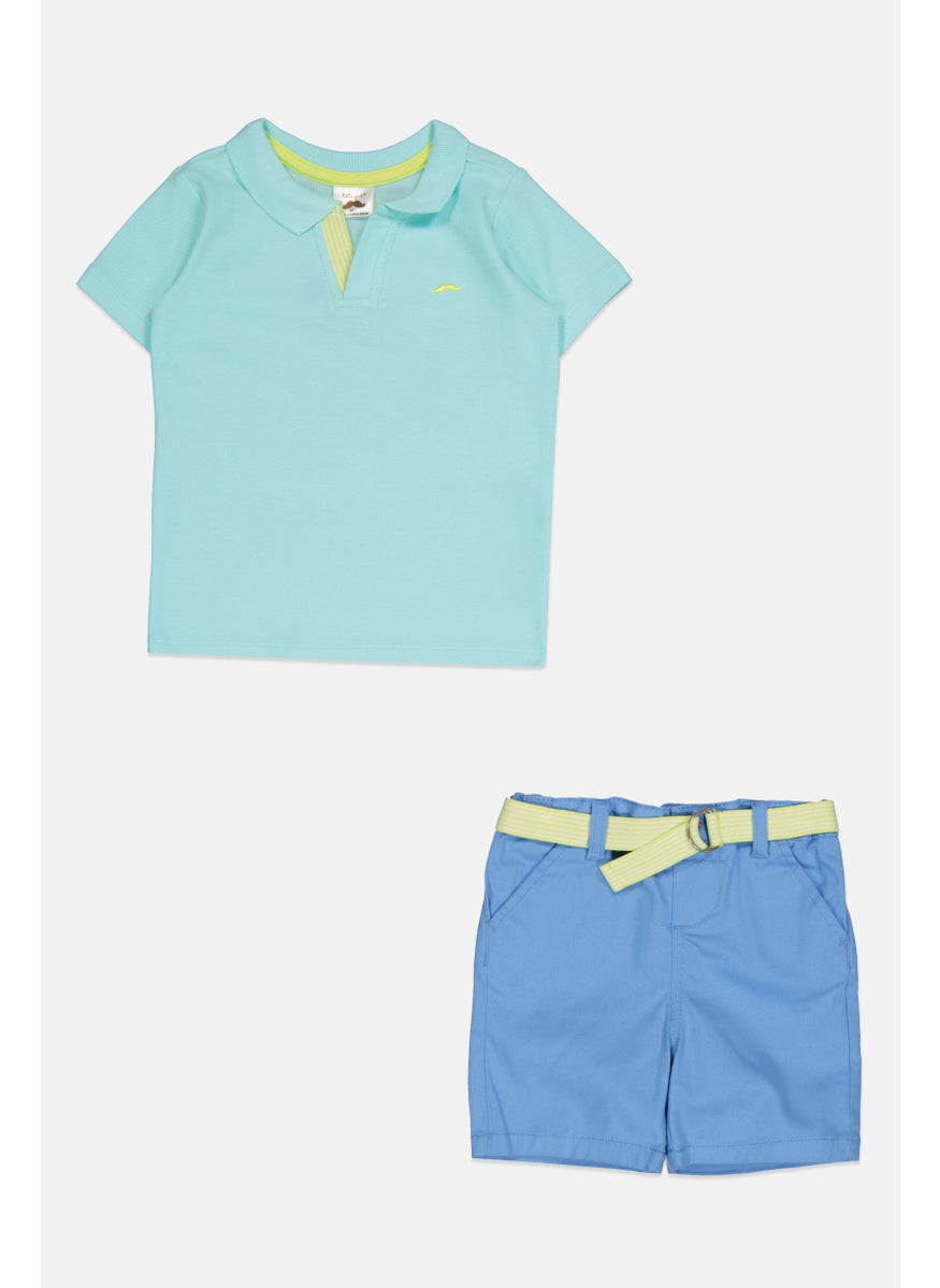 Kids Boy 2 Pcs Embroidered Logo Polo Shirt And Belted Shorts Set, Multicolor