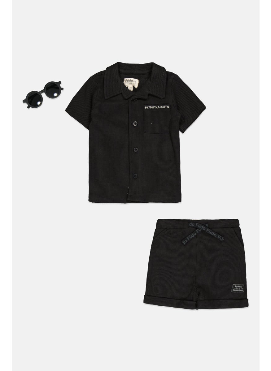 Toddlers Boy 3 Pcs Embroidered Shirt And Short Set With Sunglass, Black