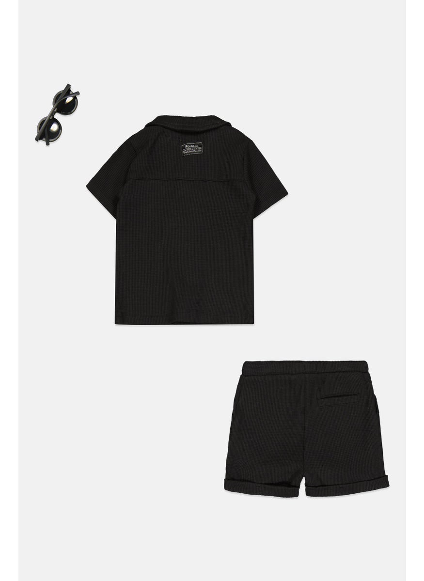 Toddlers Boy 3 Pcs Embroidered Shirt And Short Set With Sunglass, Black