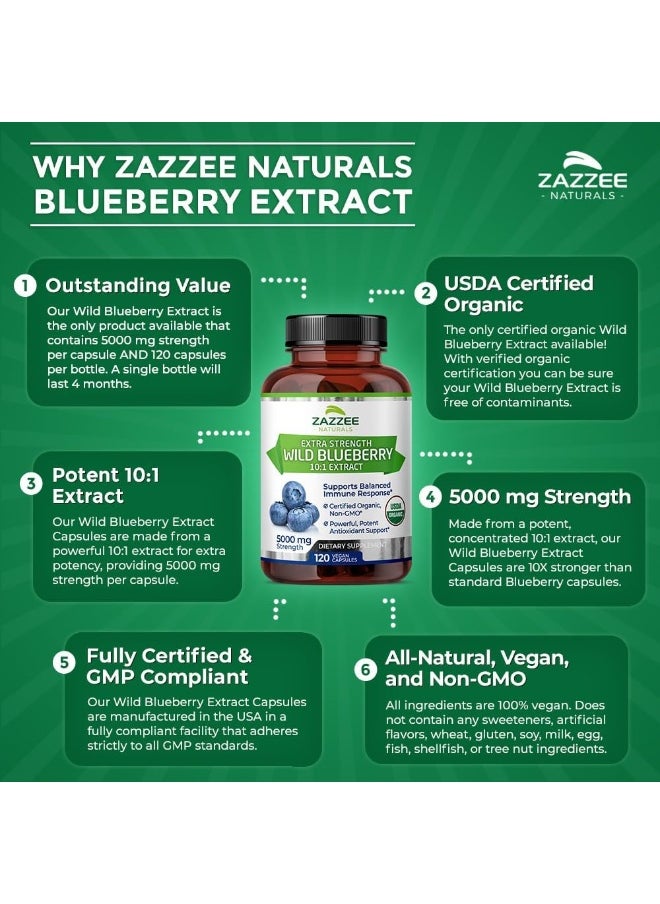 Whole Fruit Blueberry Extract 5000 mg Strength 120 Veggie Capsules Potent 10:1 Extract 4 Month Supply Vegan All Natural and Non GMO